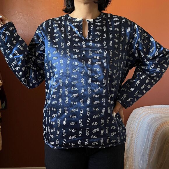 quilted fish print long sleeve blouse blue and white small medium Undercover - Picture 3 of 10
